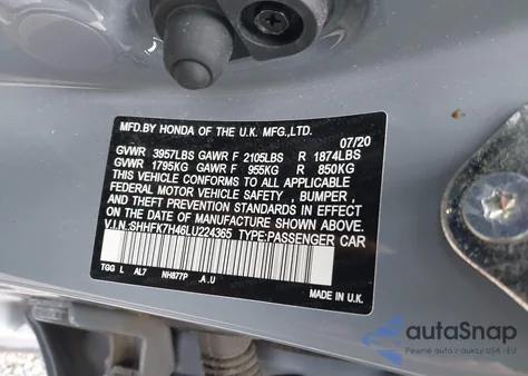 2020 Honda Civic Sport из США, поврежденный, VIN SHHFK7H46LU224365